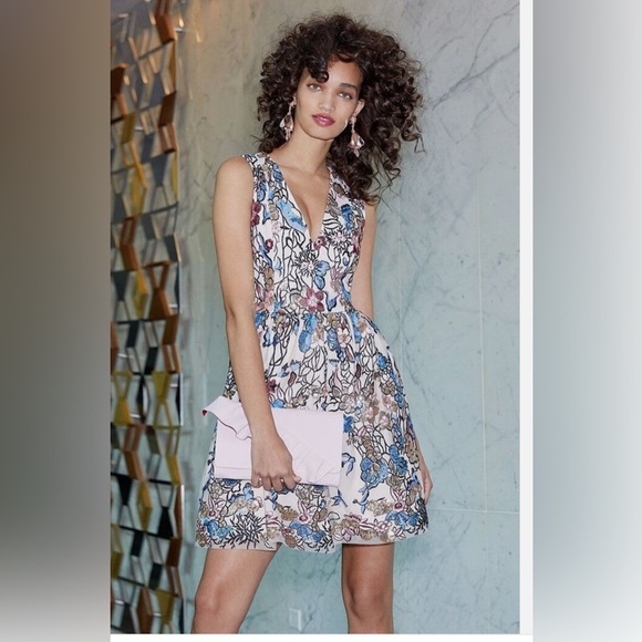 Blue and Red Plunge Neck A-line Midi Dress - Picture 2 of 10